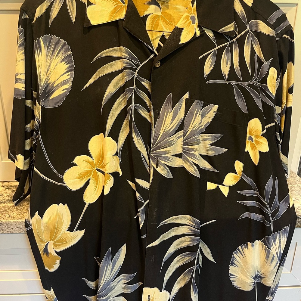 Men's Black Floral Hawaiian Button-Down Shirt - Yellow Floral Print